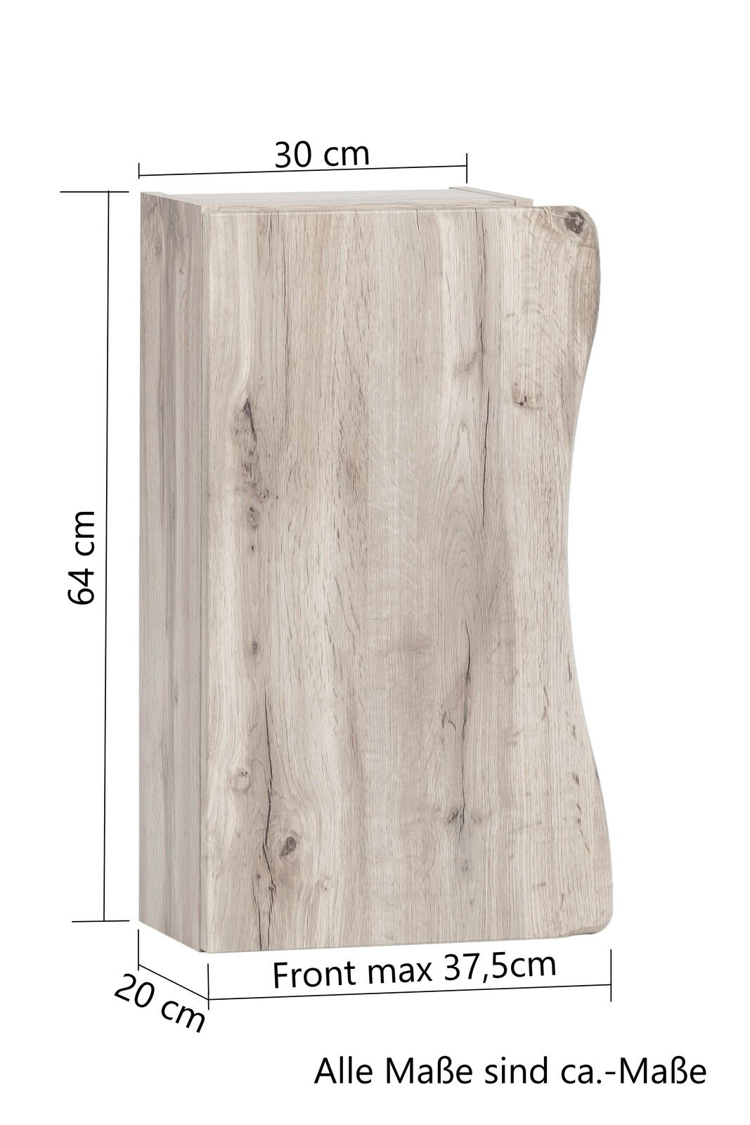 Hängeschrank aus Holz mit natürlicher Maserung, Maße: 64 cm hoch, 30 cm breit, 20 cm tief, Front max 37,5 cm. Perspektive: seitliche Ansicht.