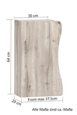 Hängeschrank aus Holz mit natürlicher Maserung, Maße: 64 cm hoch, 30 cm breit, 20 cm tief, Front max 37,5 cm. Perspektive: seitliche Ansicht.