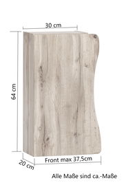 Hängeschrank aus Holz mit natürlicher Maserung, Maße: 64 cm hoch, 30 cm breit, 20 cm tief, Front max 37,5 cm. Perspektive: seitliche Ansicht.