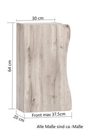 Hängeschrank aus Holz mit natürlicher Maserung, Maße: 64 cm hoch, 30 cm breit, 20 cm tief, Front max 37,5 cm. Perspektive: seitliche Ansicht.