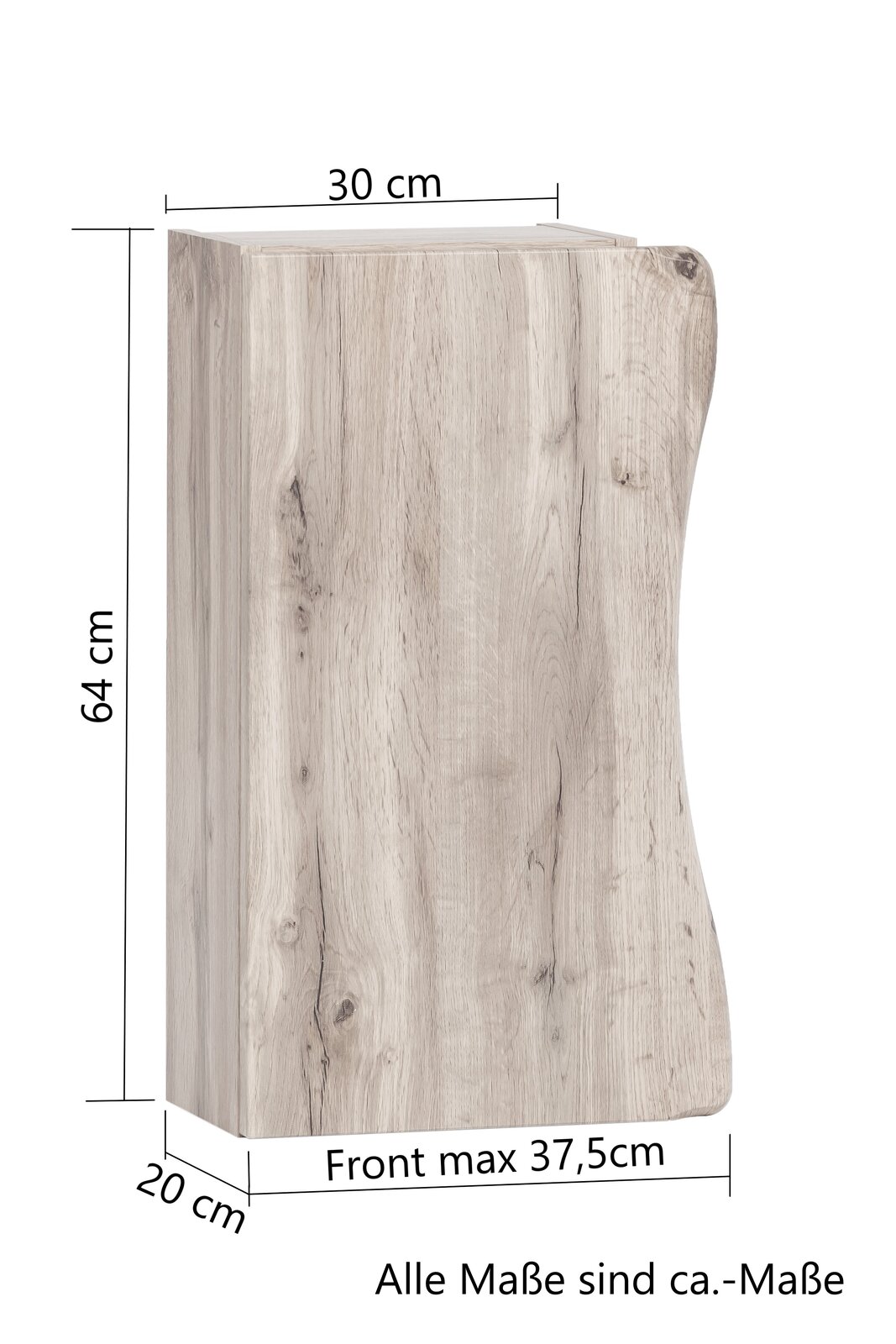 Hängeschrank aus Holz mit natürlicher Maserung, Maße: 64 cm hoch, 30 cm breit, 20 cm tief, Front max 37,5 cm. Perspektive: seitliche Ansicht.
