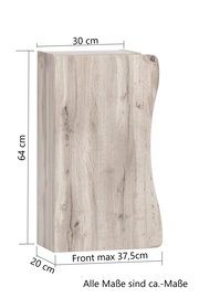 Hängeschrank aus Holz mit natürlicher Maserung, Maße: 64 cm hoch, 30 cm breit, 20 cm tief, Front max 37,5 cm. Perspektive: seitliche Ansicht.