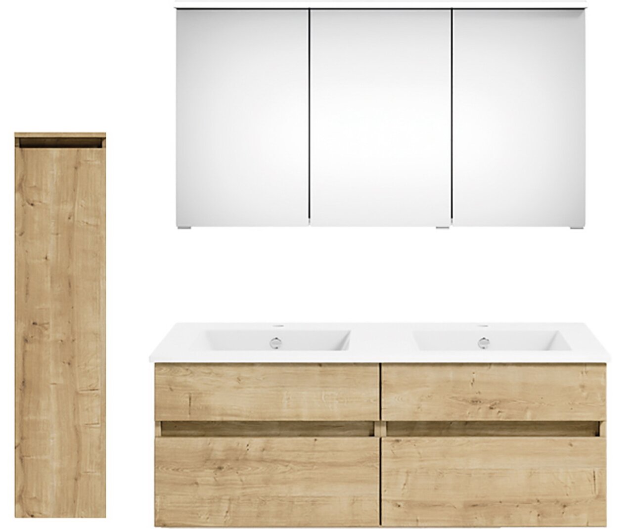 Moderne Badkombination mit Holzoptik, bestehend aus einem großen Spiegelschrank, einem Doppelwaschbecken und einem hohen Seitenschrank. Frontalansicht.