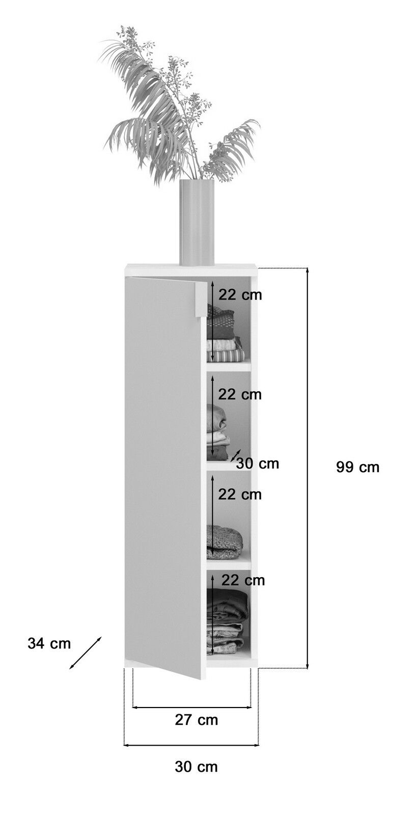 Schmale Garderobenkombination mit offener Tür, zeigt mehrere Regalfächer mit gefalteter Kleidung, Vase mit Pflanzen oben, seitliche Perspektive.