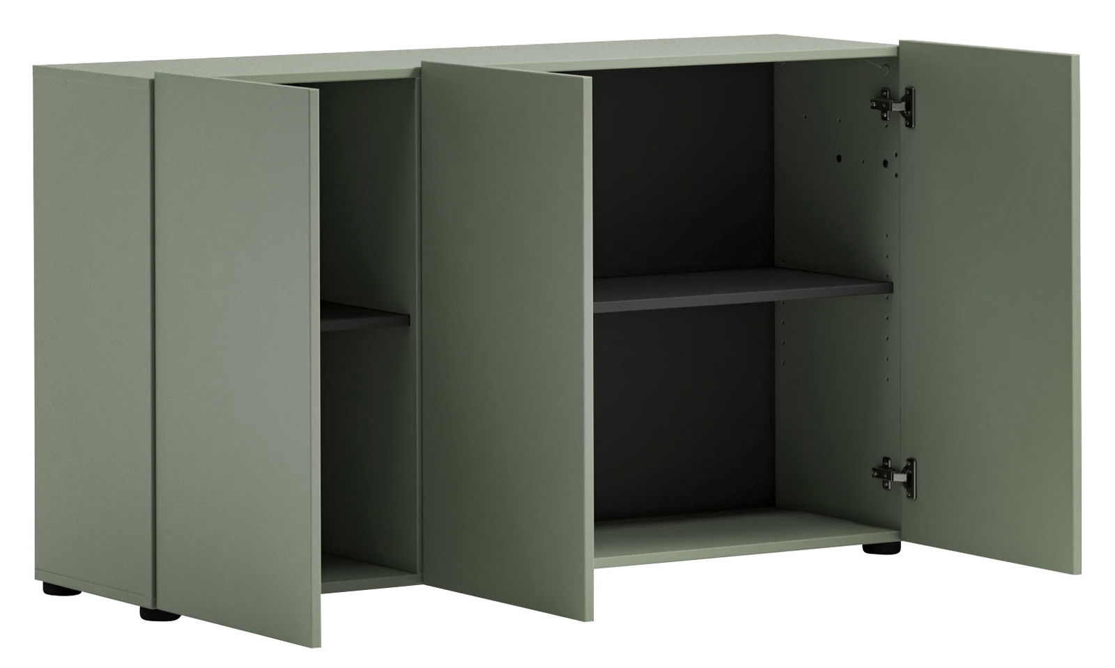 Grüne Kommode mit geöffneten Türen, seitliche Perspektive