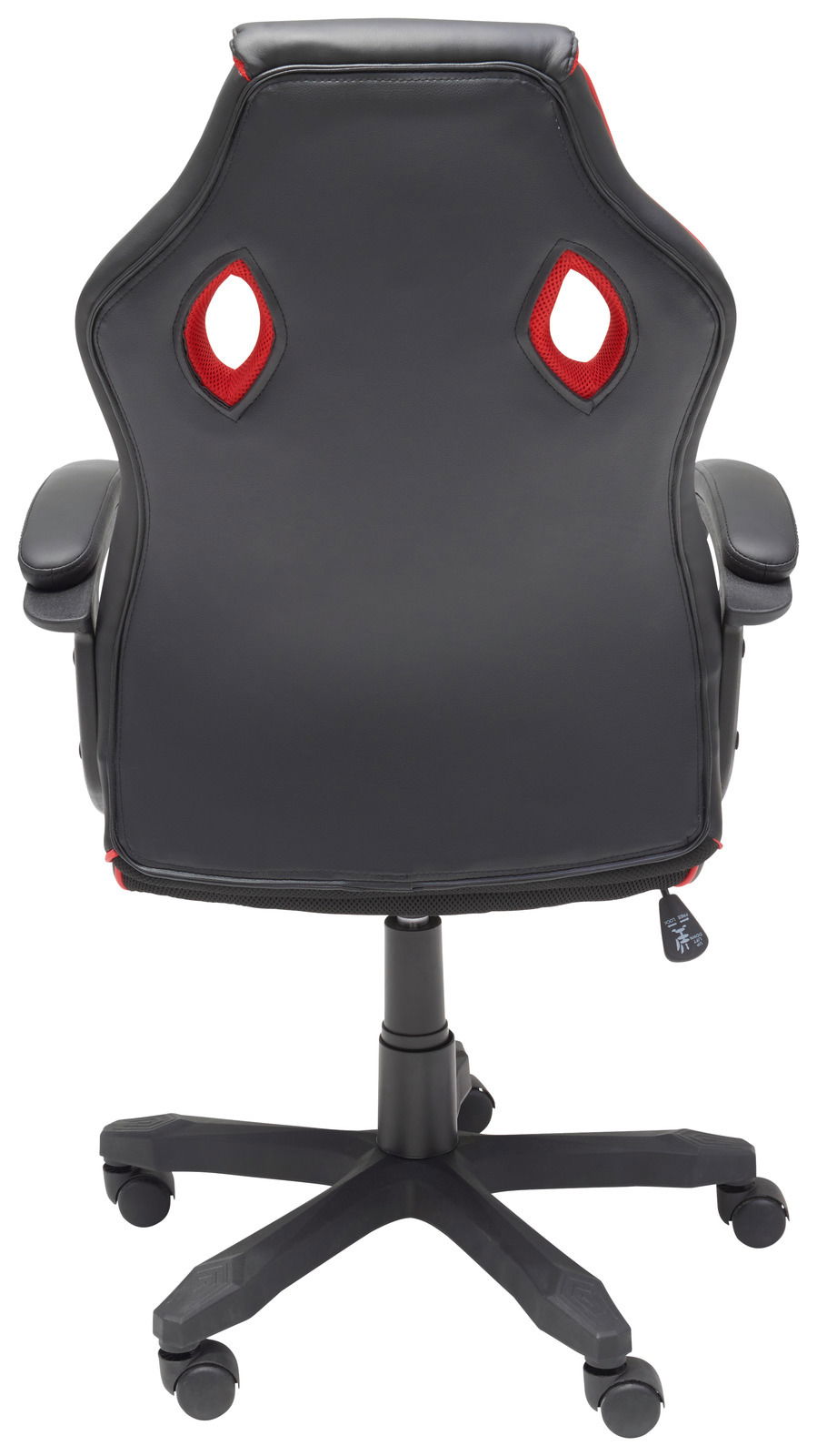 Rückansicht eines schwarzen Gaming-Stuhls mit roten Akzenten und Rollen.