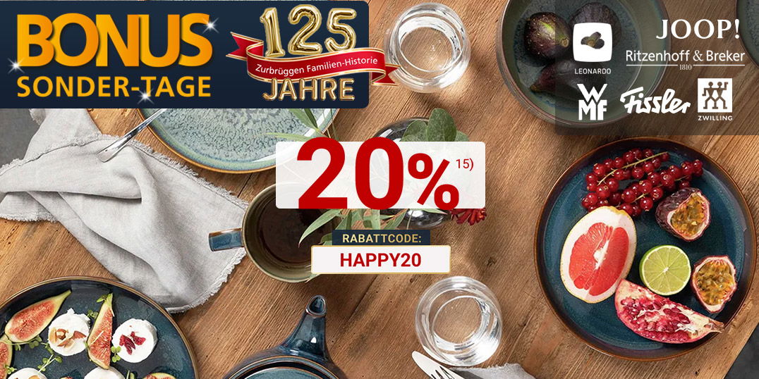 Bonus Sonder-Tage, 20% Rabatt, eingedeckter Tisch mit Geschirr und Obst mit Hintergrund