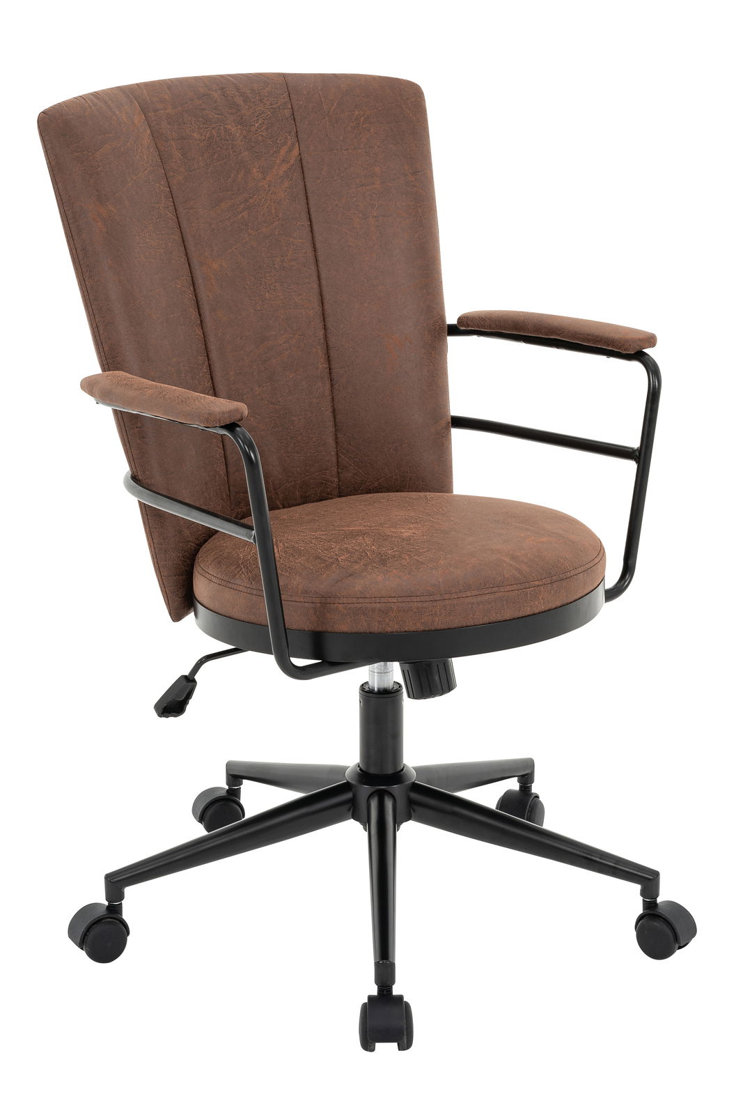 Brauner Drehstuhl mit Armlehnen und schwarzem Metallgestell, seitliche Perspektive