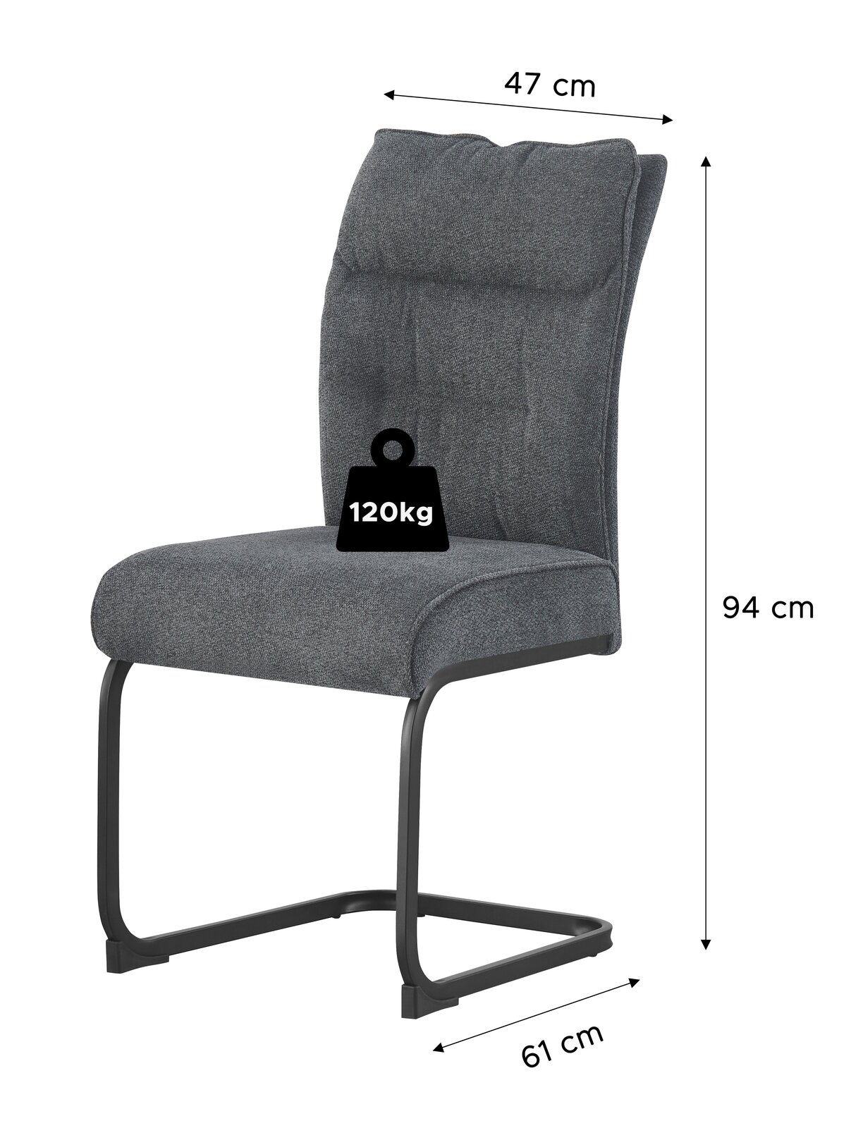 Gepolsterter Freischwinger-Stuhl in dunkelgrauem Stoff mit schwarzem Metallgestell, Maße ca. 94 cm hoch, 47 cm breit und 61 cm tief, belastbar bis 120 kg, schräg von vorne links dargestellt.