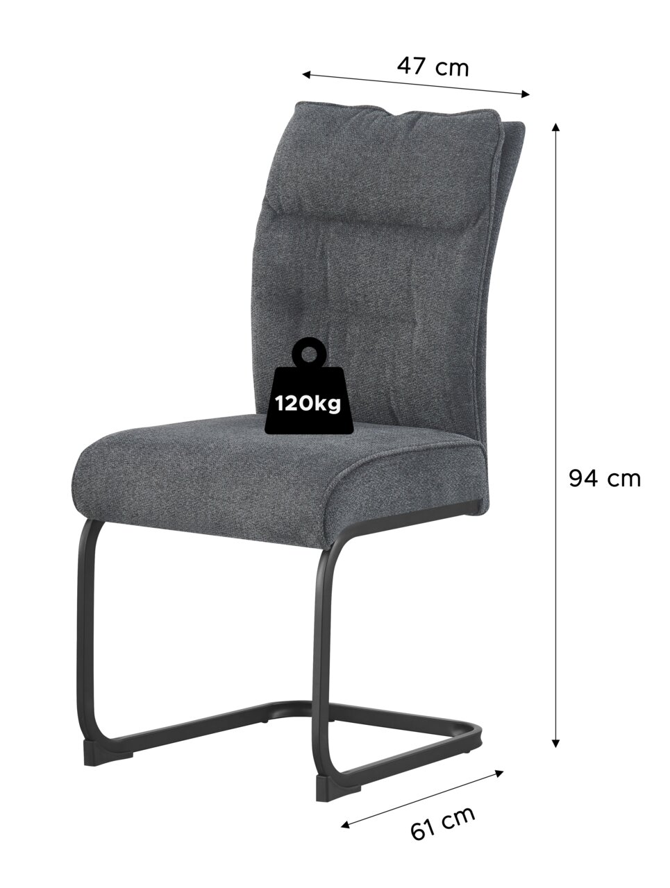 Gepolsterter Freischwinger-Stuhl in dunkelgrauem Stoff mit schwarzem Metallgestell, Maße ca. 94 cm hoch, 47 cm breit und 61 cm tief, belastbar bis 120 kg, schräg von vorne links dargestellt.
