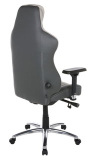 Rückansicht eines grauen Gaming-Stuhls mit verstellbaren Armlehnen und einem stabilen Metallfuß auf Rollen.