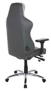 Rückansicht eines grauen Gaming-Stuhls mit verstellbaren Armlehnen und einem stabilen Metallfuß auf Rollen.