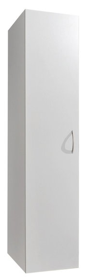 Weißer, schlichter Kleiderschrank mit einer Tür und silbernem Griff, seitliche Perspektive