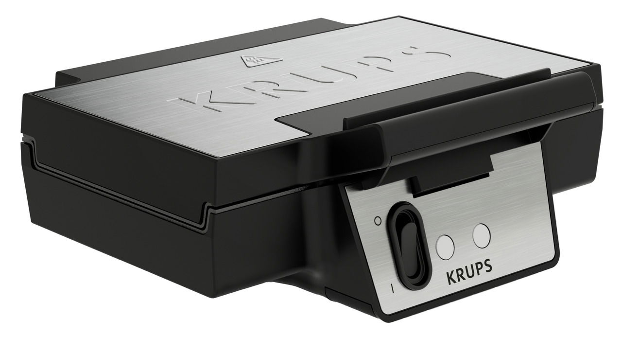 Waffeleisen von Krups in seitlicher Perspektive mit Edelstahloberfläche und Bedienelementen