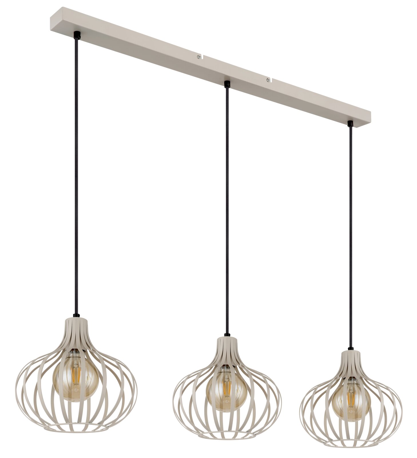Hanglamp met drie lampen en moderne, open metalen lampenkappen, gezien vanuit de zijkant.