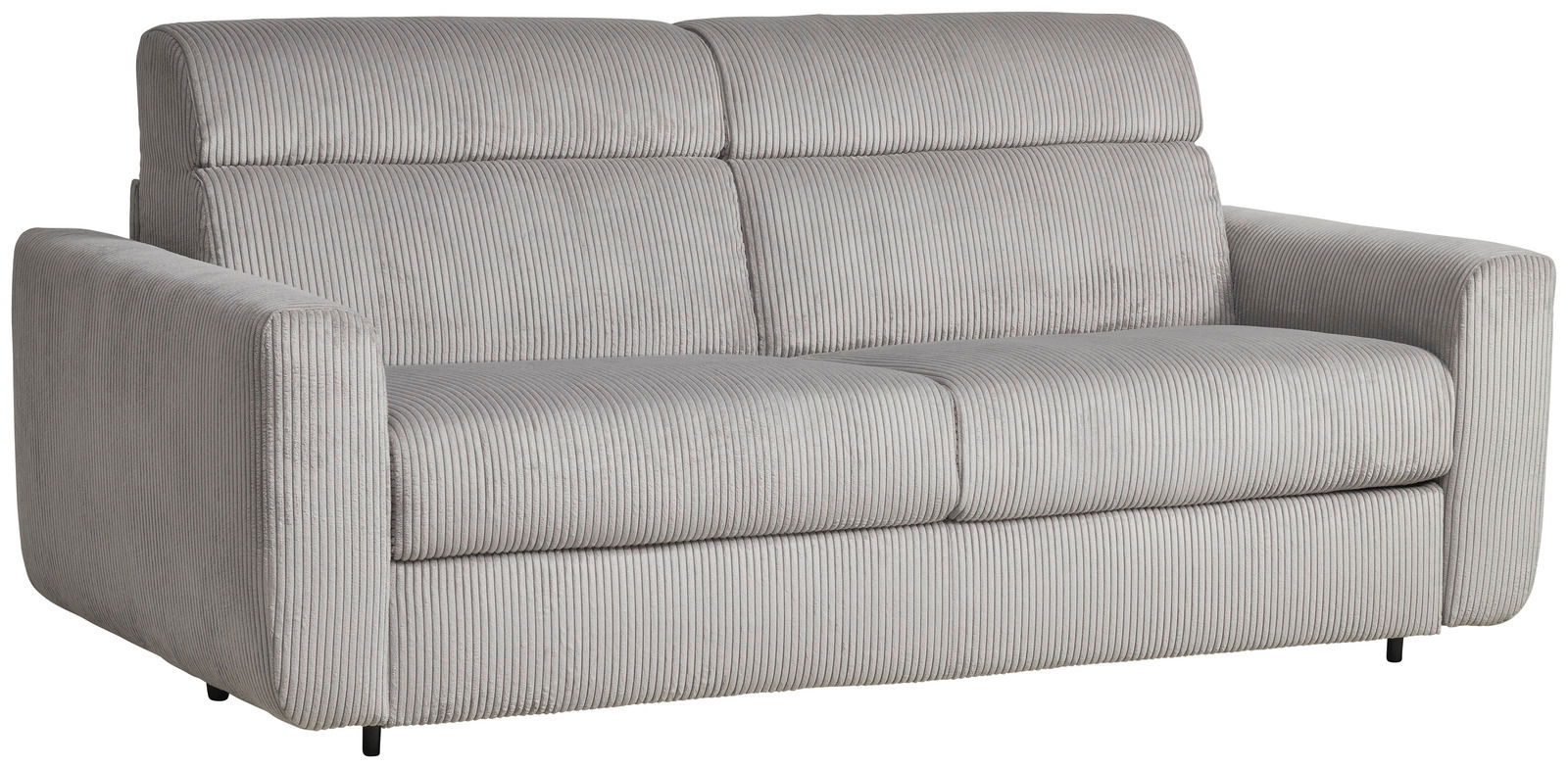 Graues Funktionssofa mit geripptem Stoffbezug, seitliche Perspektive