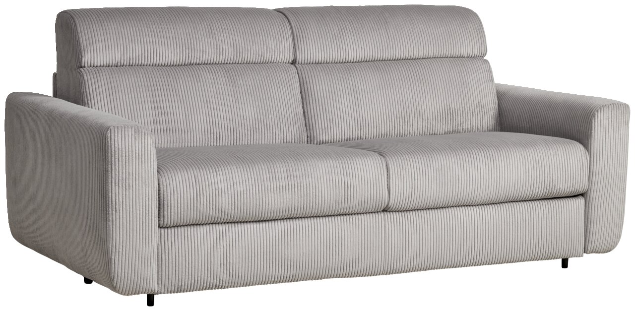 Graues Funktionssofa mit geripptem Stoffbezug, seitliche Perspektive