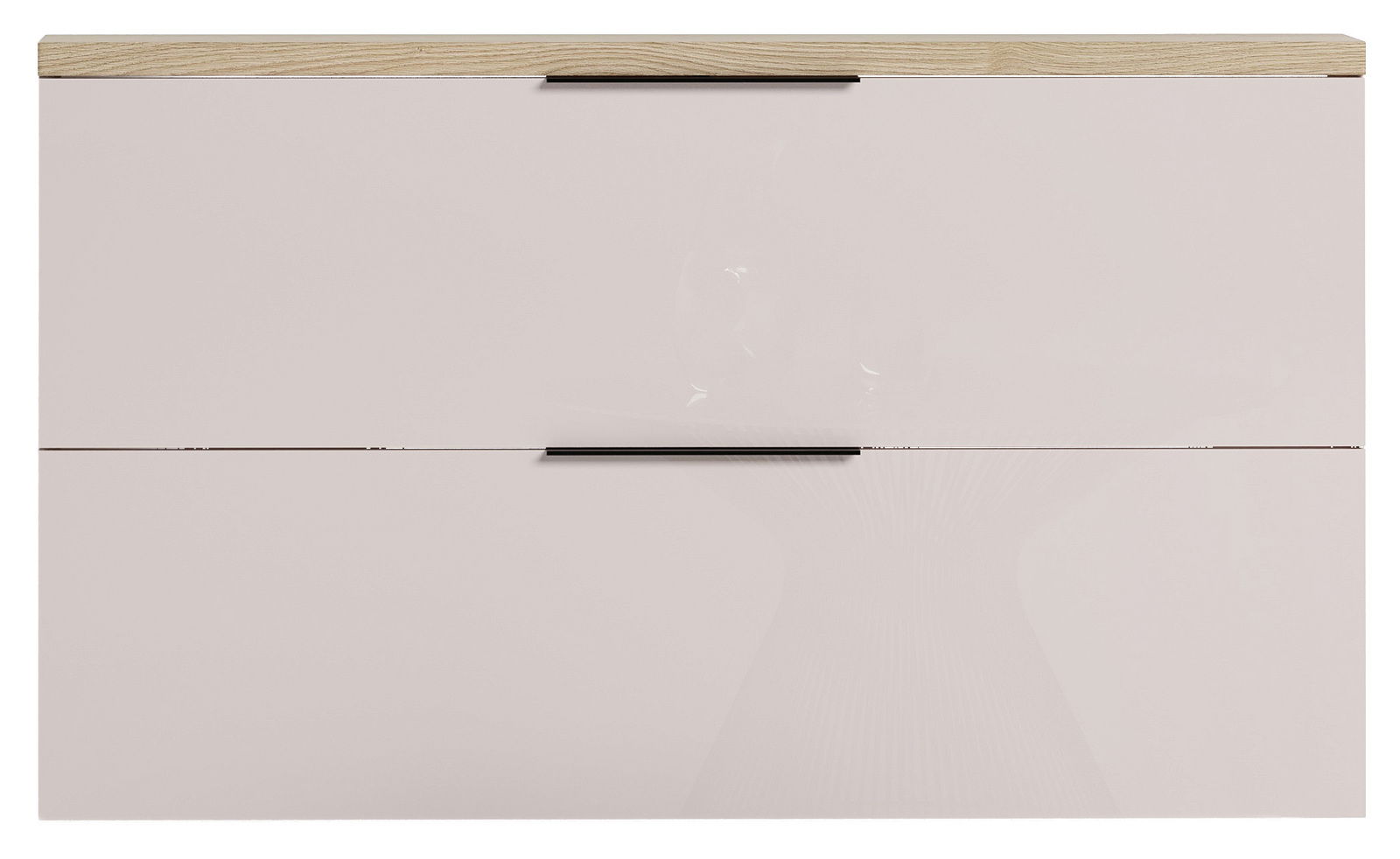 Frontansicht eines modernen Hängeschuhschranks mit zwei Klappen und Holzoberfläche.