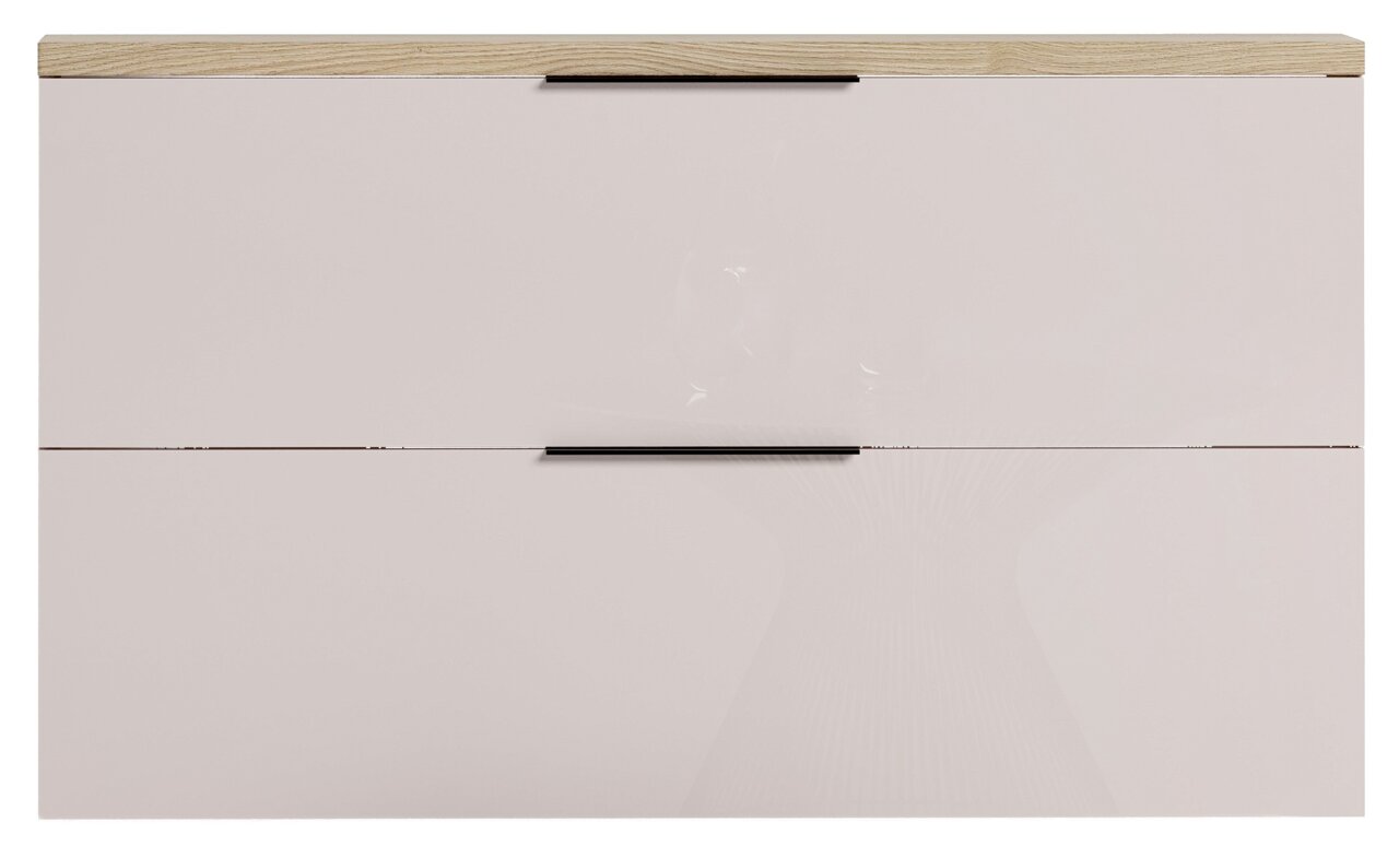 Frontansicht eines modernen Hängeschuhschranks mit zwei Klappen und Holzoberfläche.