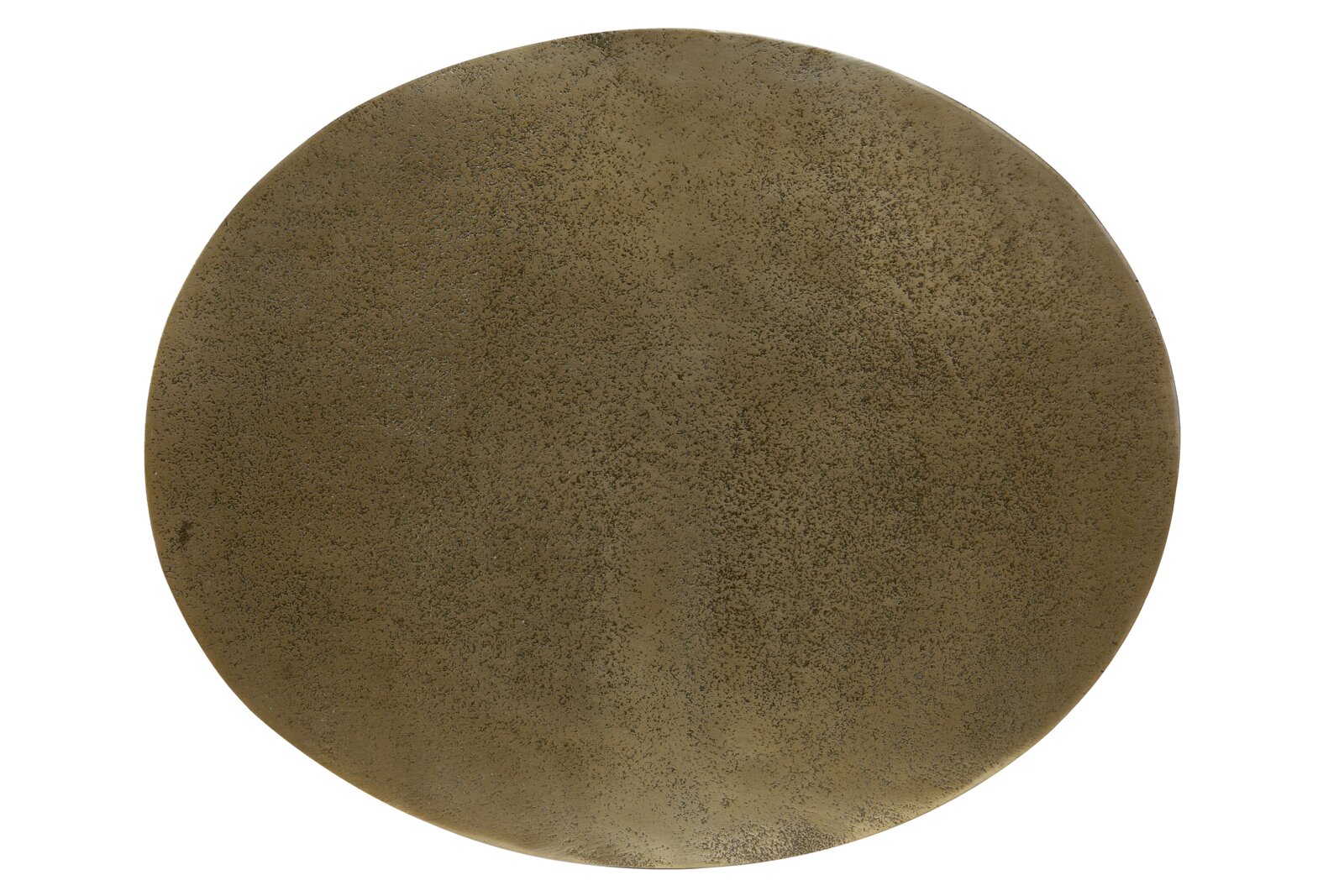 Rond metalen tafelblad gezien van bovenaf, met een gestructureerd, bronskleurig oppervlak.
