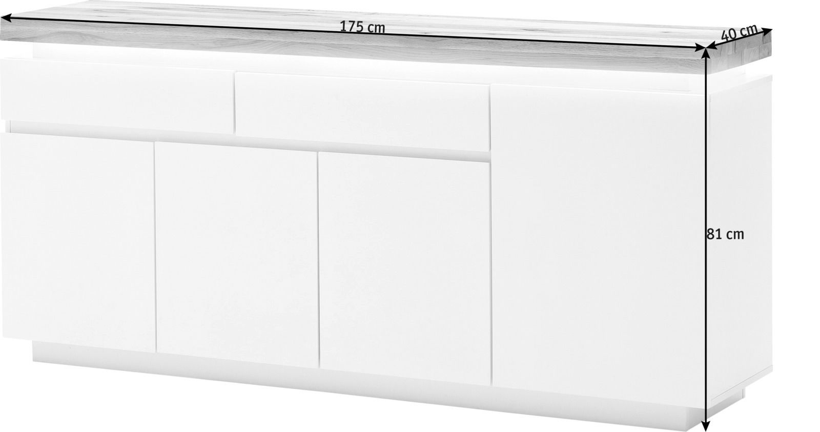 Weißes XL-Sideboard mit Holzplatte, Frontansicht, Maße: 175 cm Breite, 40 cm Tiefe, 81 cm Höhe