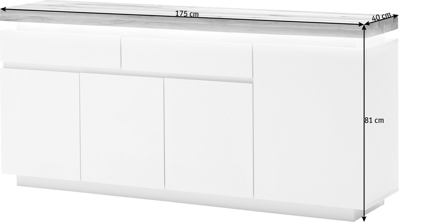Weißes XL-Sideboard mit Holzplatte, Frontansicht, Maße: 175 cm Breite, 40 cm Tiefe, 81 cm Höhe