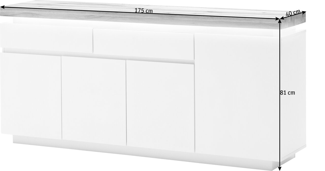 Weißes XL-Sideboard mit Holzplatte, Frontansicht, Maße: 175 cm Breite, 40 cm Tiefe, 81 cm Höhe