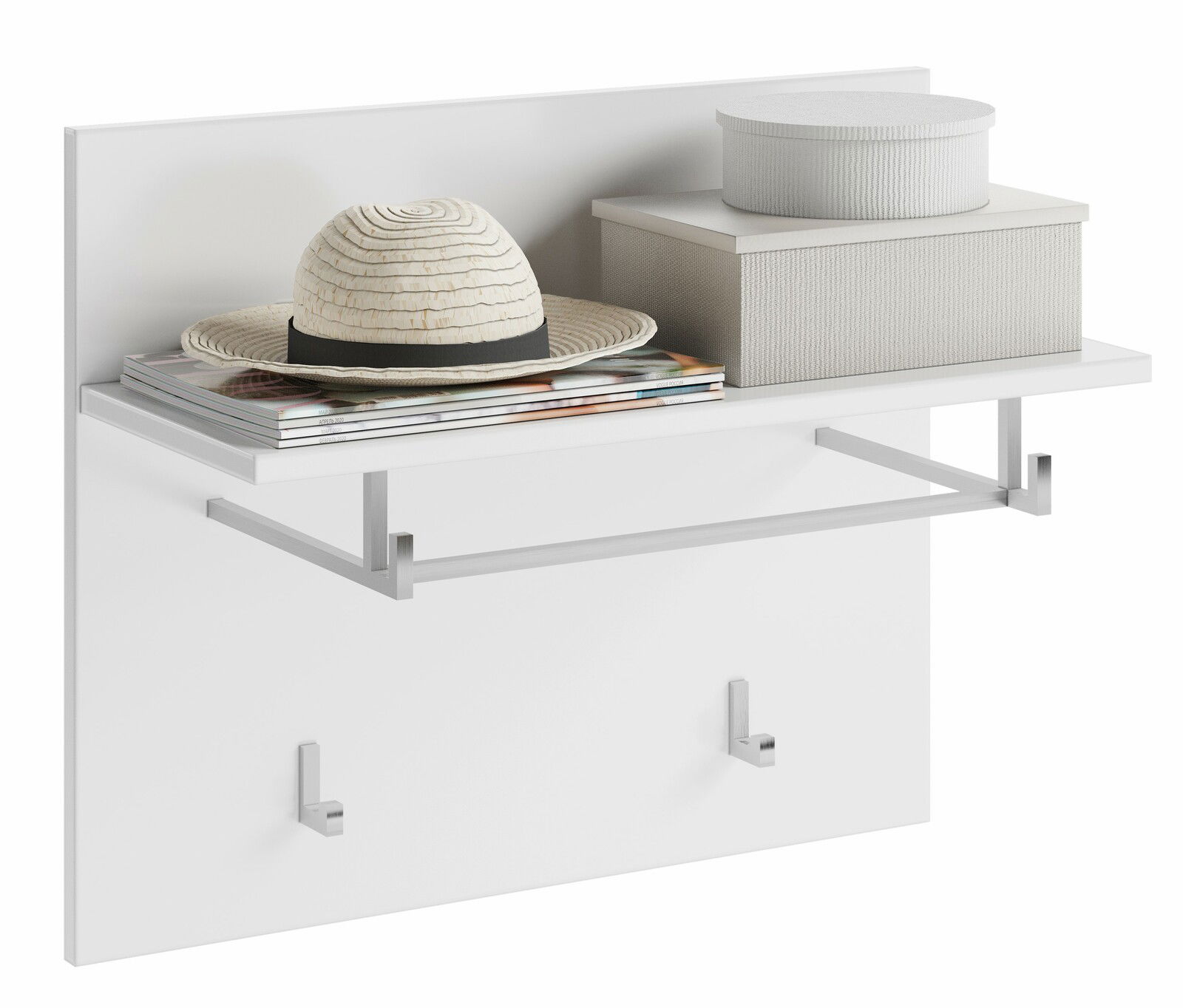 Weißes Paneel mit Ablage, Hut, Boxen und Haken, seitliche Perspektive