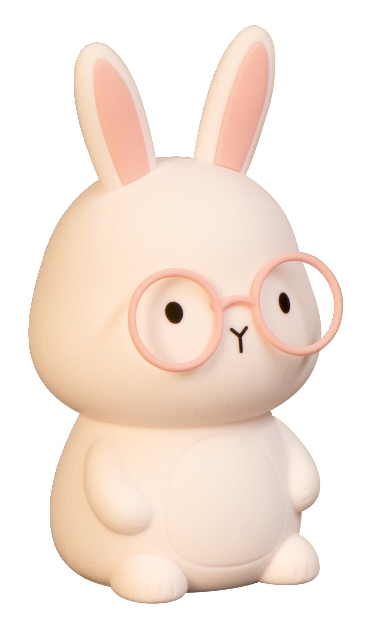 Niedliches Akku-Nachtlicht in Form eines sitzenden Hasen mit rosa Brille, seitliche Perspektive