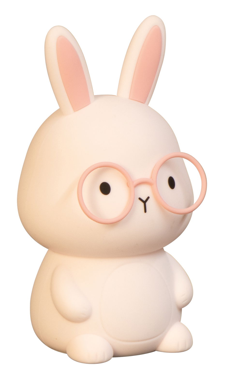 Niedliches Akku-Nachtlicht in Form eines sitzenden Hasen mit rosa Brille, seitliche Perspektive