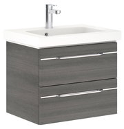 Moderner Waschtisch mit zwei Schubladen in Holzoptik und integriertem Waschbecken, seitliche Perspektive