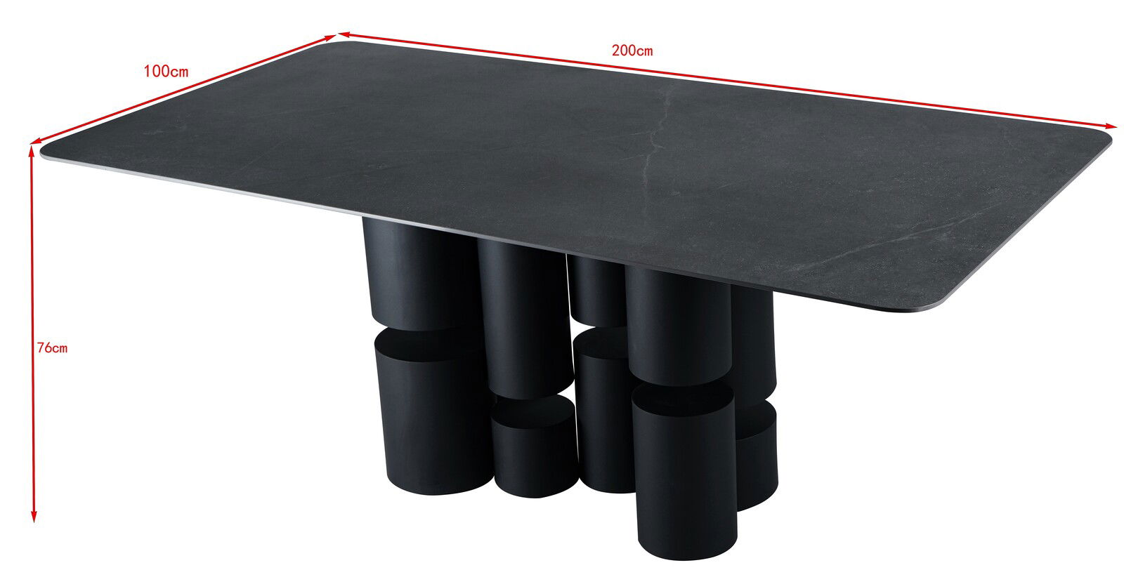 Moderner Esstisch mit schwarzer Tischplatte und einzigartigem zylindrischem Fußdesign, seitliche Perspektive