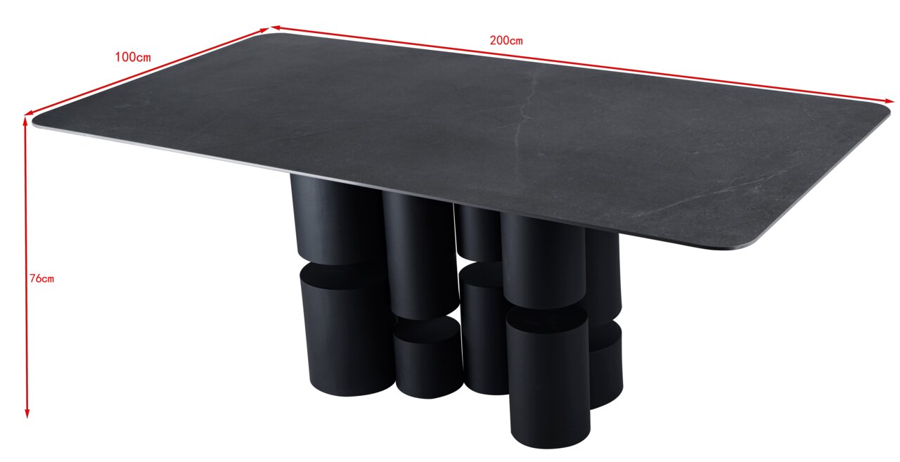 Moderner Esstisch mit schwarzer Tischplatte und einzigartigem zylindrischem Fußdesign, seitliche Perspektive