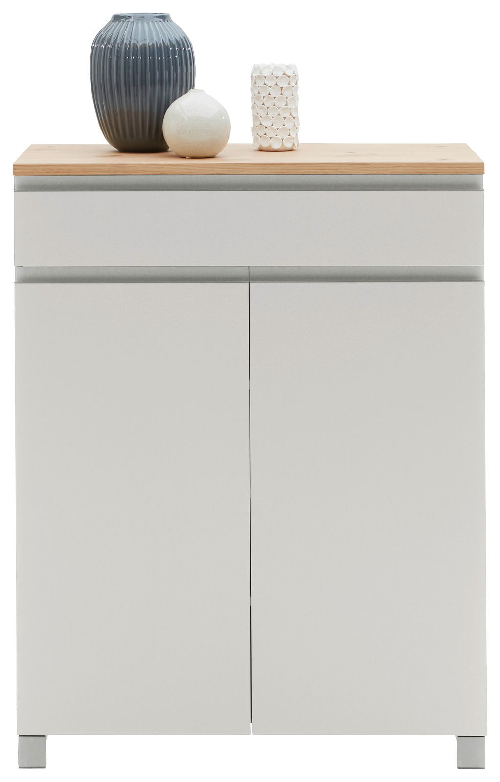 Schuhschrank der Serie SORRENT von Dieter Knoll, frontal abgebildet mit drei dekorativen Vasen auf der Oberseite.