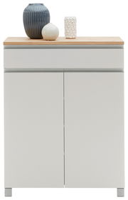 Schuhschrank der Serie SORRENT von Dieter Knoll, frontal abgebildet mit drei dekorativen Vasen auf der Oberseite.