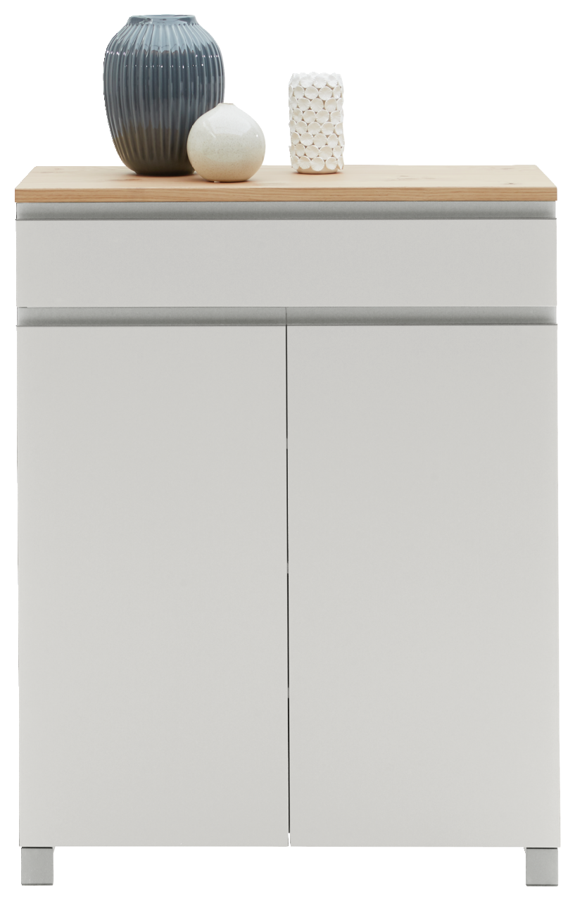 Schuhschrank der Serie SORRENT von Dieter Knoll, frontal abgebildet mit drei dekorativen Vasen auf der Oberseite.