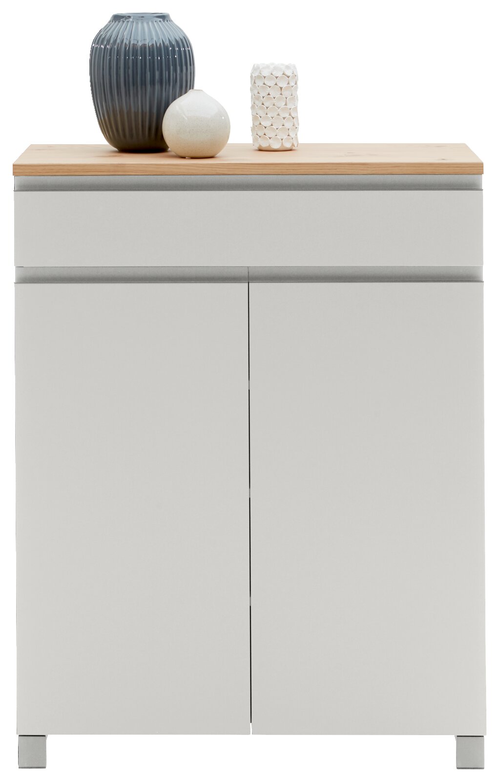 Schuhschrank der Serie SORRENT von Dieter Knoll, frontal abgebildet mit drei dekorativen Vasen auf der Oberseite.