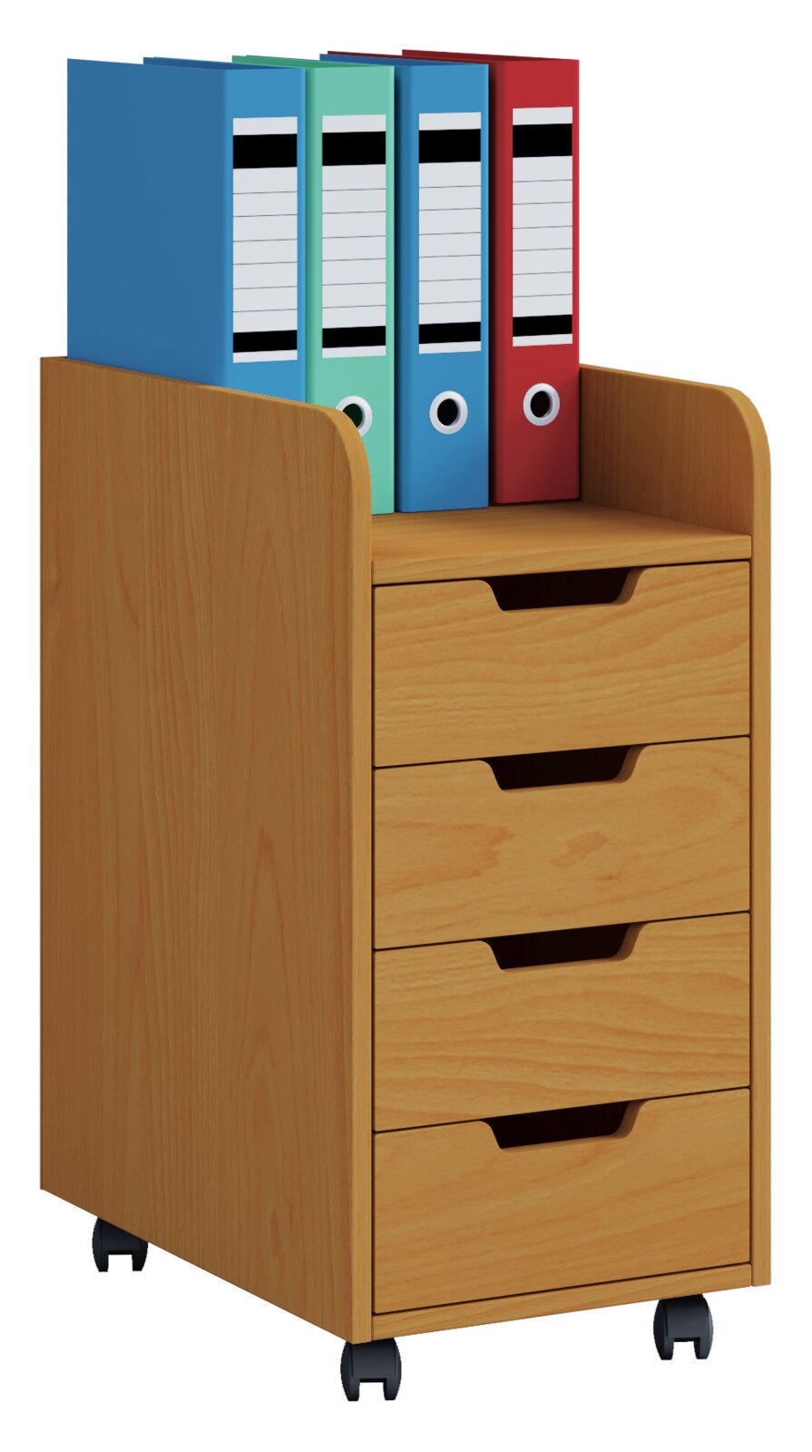 Mobiler Holz-Rollcontainer mit vier Schubladen und Ablagefach, oben mit vier farbigen Aktenordnern (blau, grün, blau, rot), schräg von vorne links fotografiert