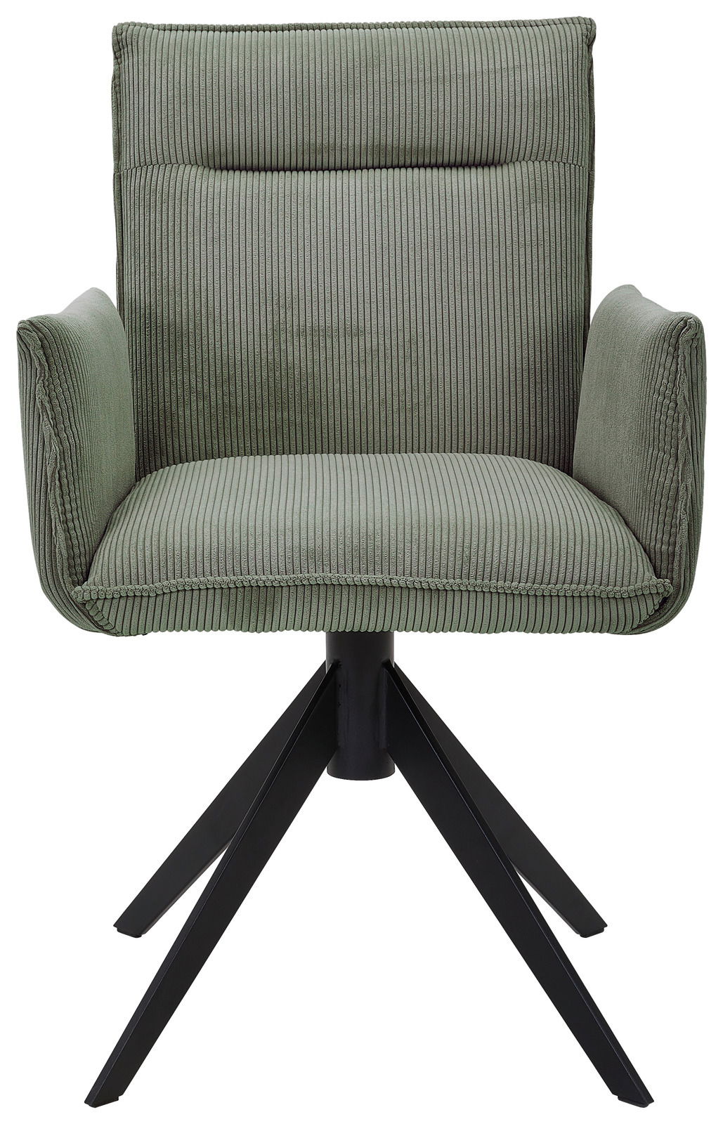 Grüner Armlehnstuhl mit geripptem Stoffbezug und schwarzem Metallgestell, Frontalansicht