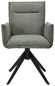 Grüner Armlehnstuhl mit geripptem Stoffbezug und schwarzem Metallgestell, Frontalansicht