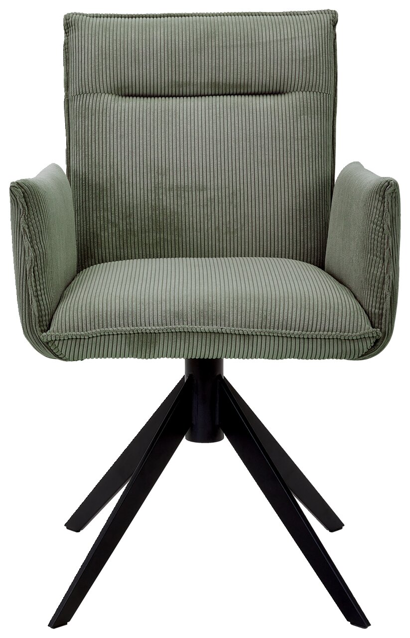 Grüner Armlehnstuhl mit geripptem Stoffbezug und schwarzem Metallgestell, Frontalansicht