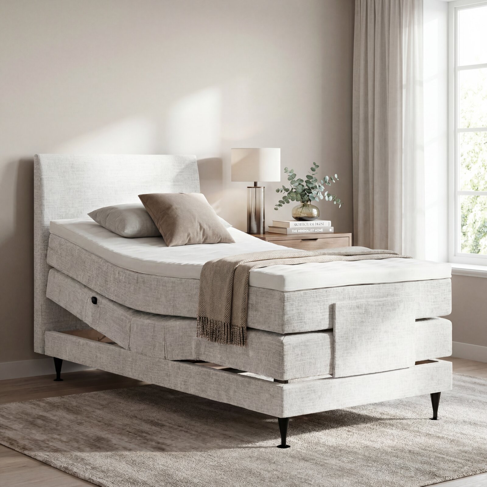 Verstelbaar eenpersoons boxspringbed in lichtbeige stof met hoog hoofdbord, topper en slanke zwarte poten, schuin van voren gezien in een lichte slaapkamer