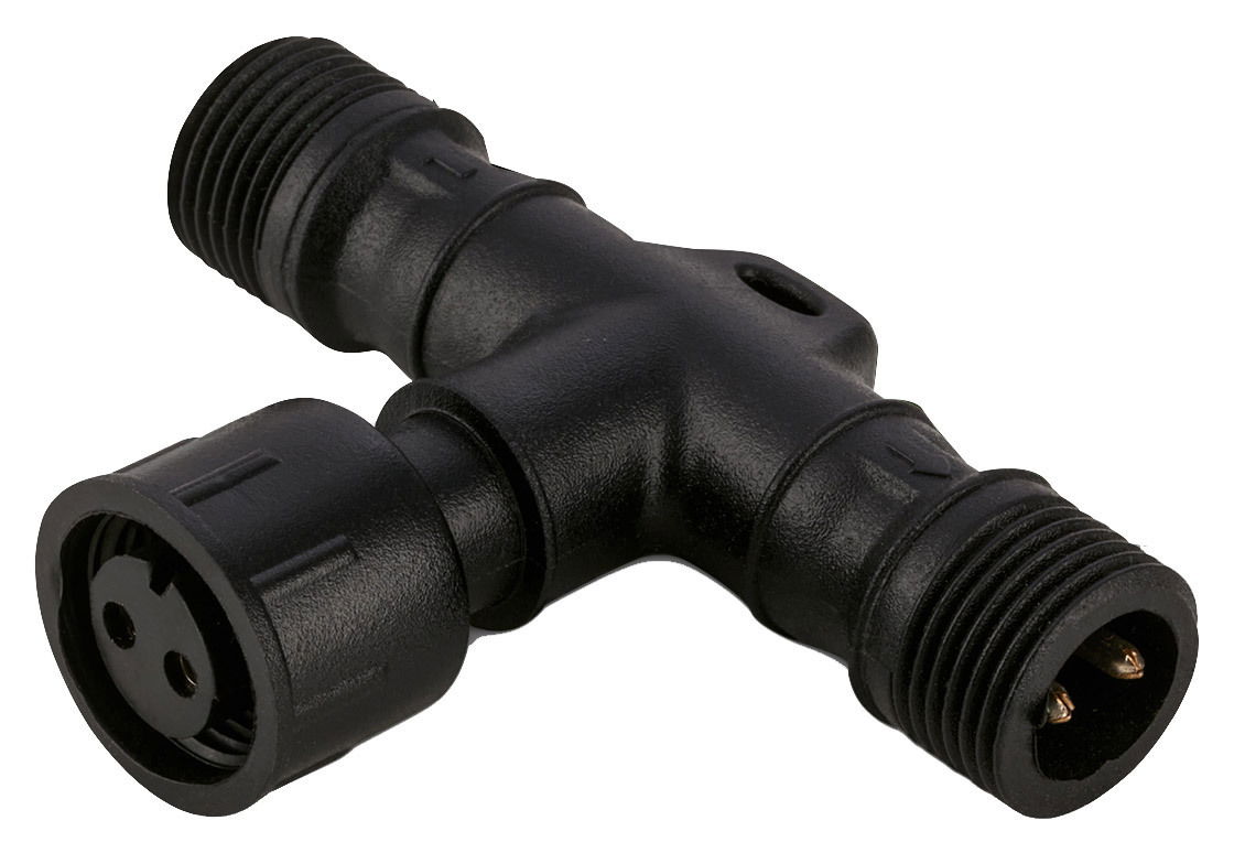 Briloner T-Verbinder für 3er-Satz GARTENSYSTEM Schwarzer T-Verbinder aus Kunststoff mit drei Anschlüssen, seitliche Perspektive.