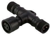 Schwarzer T-Verbinder aus Kunststoff mit drei Anschlüssen, seitliche Perspektive.