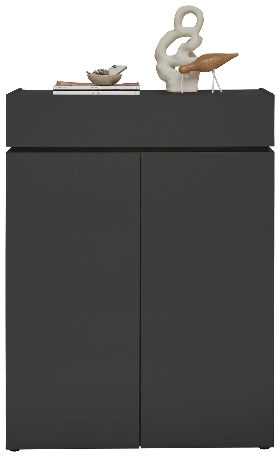 Moderner schwarzer Schuhschrank H121 mit Dekorationen auf der Oberseite, Frontalansicht