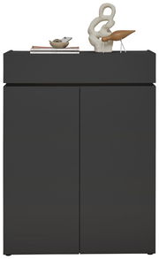 Moderner schwarzer Schuhschrank H121 mit Dekorationen auf der Oberseite, Frontalansicht