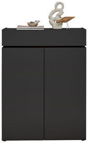 Moderner schwarzer Schuhschrank H121 mit Dekorationen auf der Oberseite, Frontalansicht