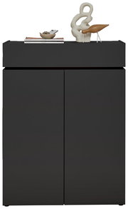 Moderner schwarzer Schuhschrank H121 mit Dekorationen auf der Oberseite, Frontalansicht