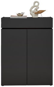 Moderner schwarzer Schuhschrank H121 mit Dekorationen auf der Oberseite, Frontalansicht