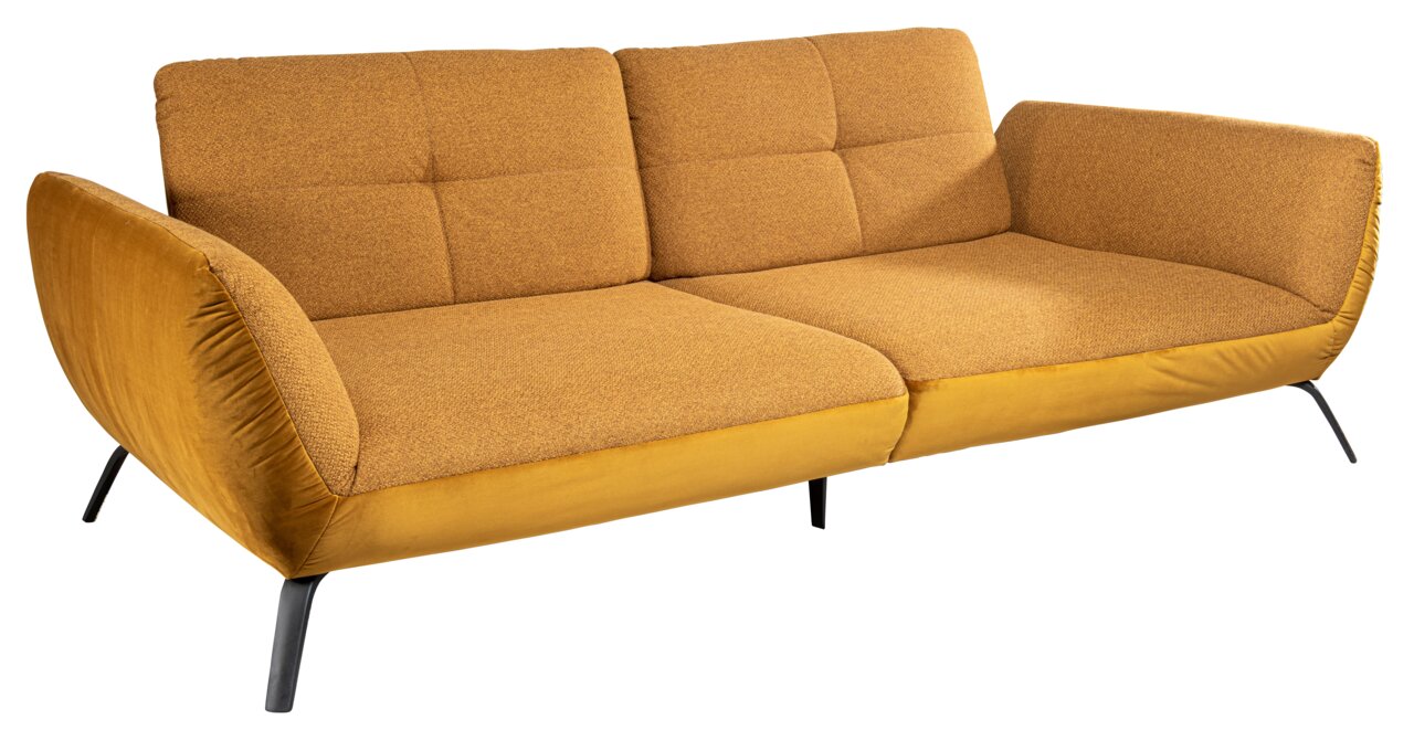 Gemütliches Megasofa in senfgelber Farbe mit modernen schwarzen Beinen, seitliche Perspektive